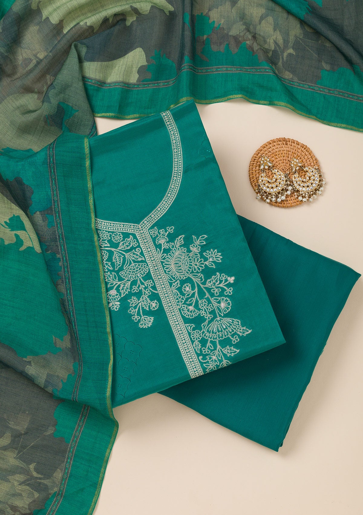 Sea Green Zariwork Art Silk Unstitched Salwar Suit