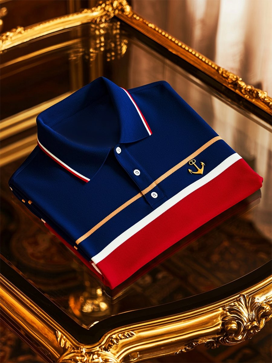 Men's Business Stripe Logo Polo Short Sleeve T-Shirt